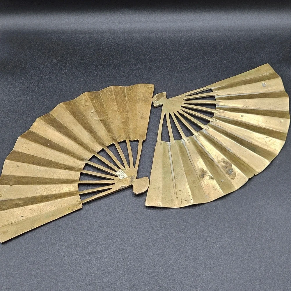 Vintage ENESCO Solid Brass Phoenix Fan Wall Art Set of 2 Taiwan Chinoiserie